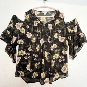 Style & Co Womens Semi-sheer Floral Cold Shoulder Top, size 3X